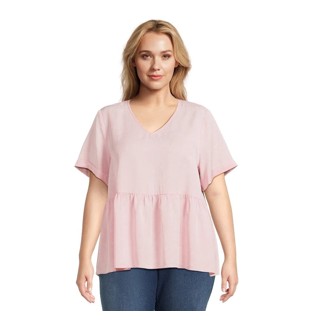 TERRA & SKY WOMEN'S SIZE 4 XL (28 W / 30 W) V - NECK TOP PINK BABYDOLL SS NWT